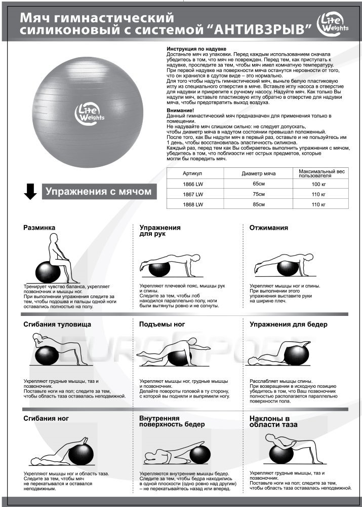 Мяч гимнастический Lite Weights 1867LW (75см, антивзрыв, с насосом, голубой),